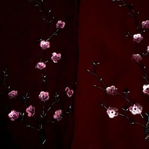 Long rectangular polyester & floral sequins dress shawl with beaded fringes ends